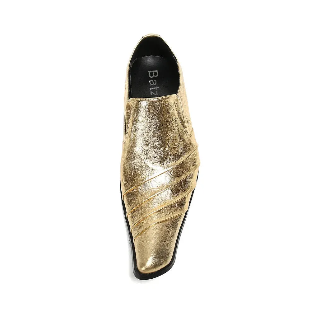 Men's Vintage Gold Pointed Toe Genuine Leather Party Dress Shoes