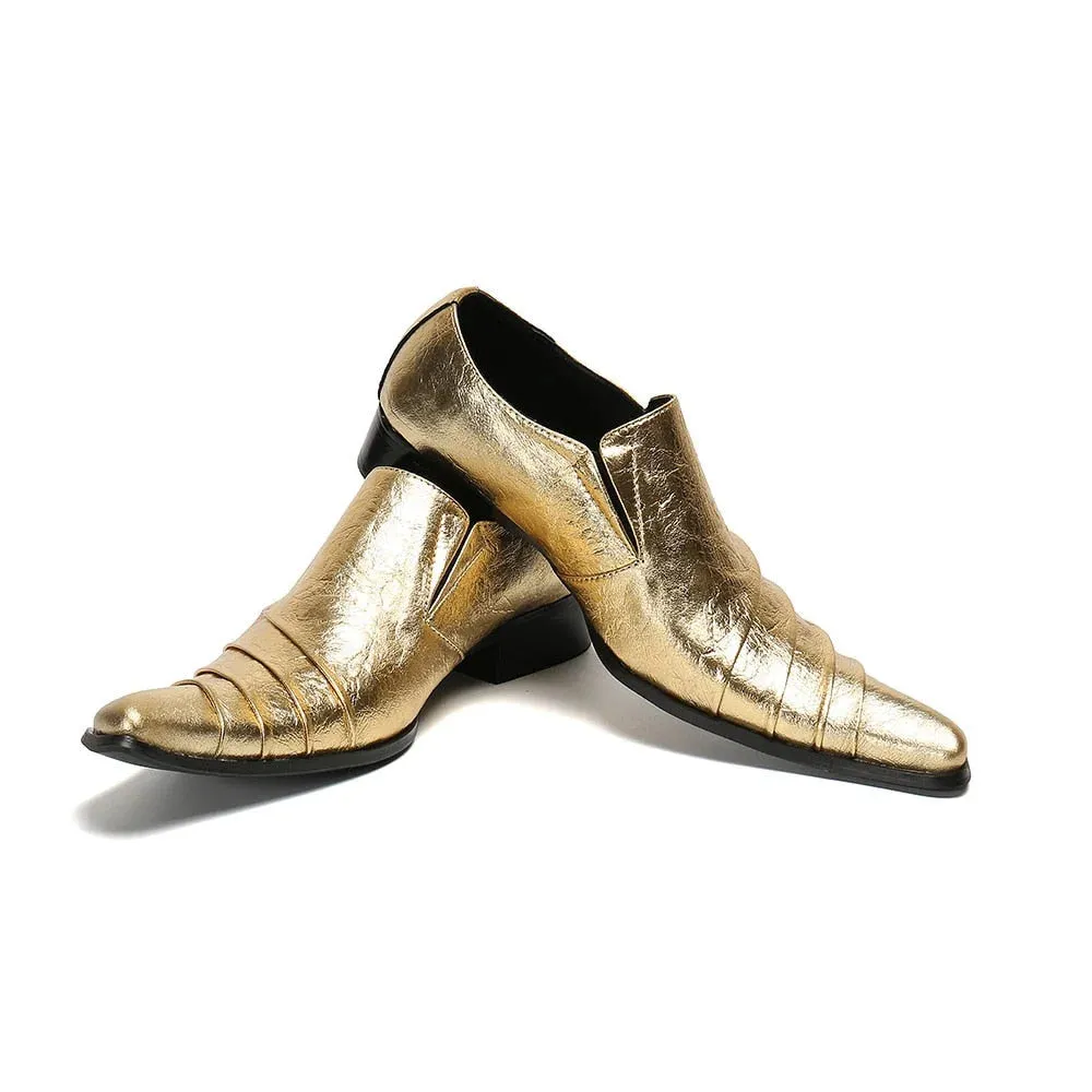 Men's Vintage Gold Pointed Toe Genuine Leather Party Dress Shoes