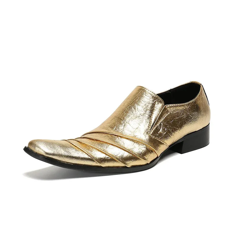 Men's Vintage Gold Pointed Toe Genuine Leather Party Dress Shoes