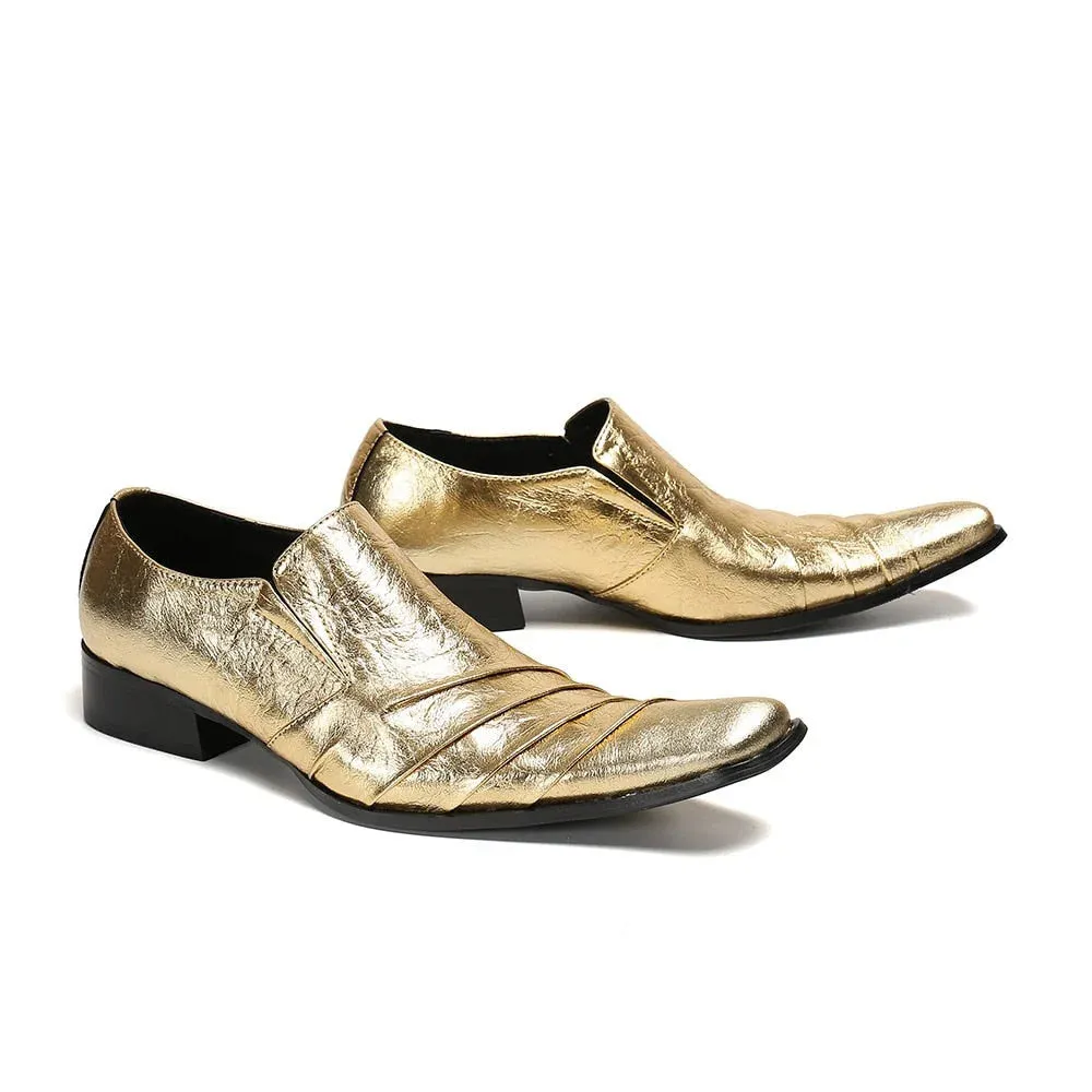 Men's Vintage Gold Pointed Toe Genuine Leather Party Dress Shoes