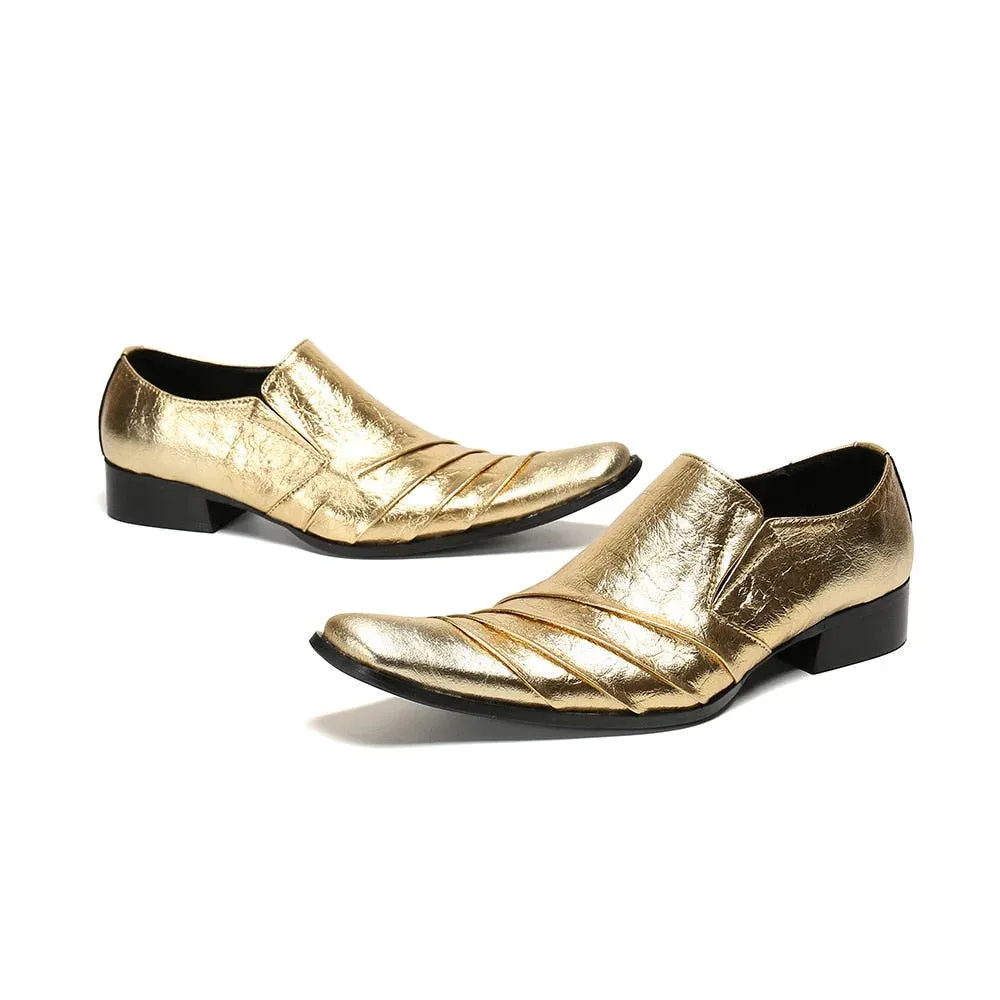 Men's Vintage Gold Pointed Toe Genuine Leather Party Dress Shoes