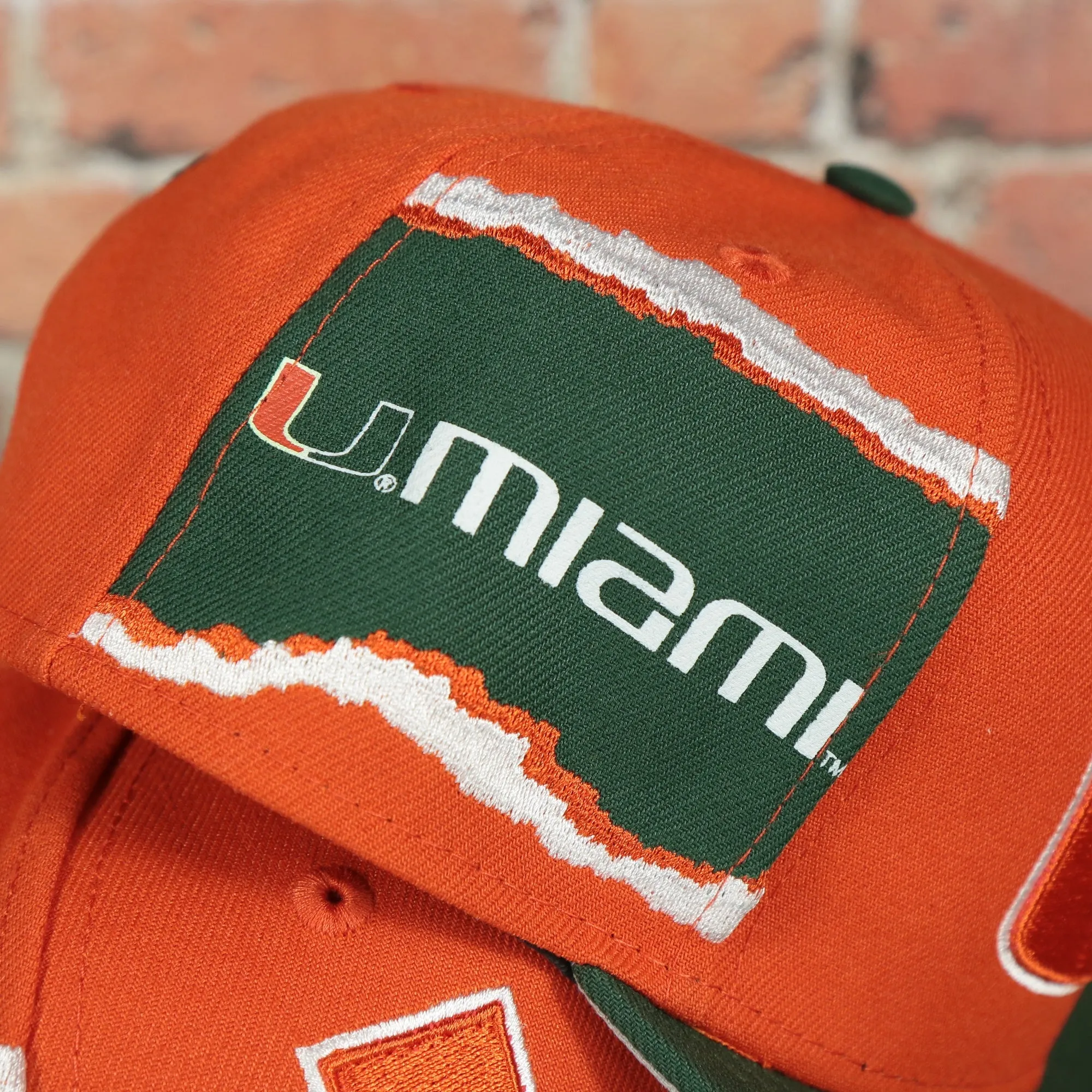 Miami Hurricanes NCAA Jumbotron U Miami Ripped Wordmark side patch Grey Bottom Orange/Green Snapback hat | Mitchell and Ness Two