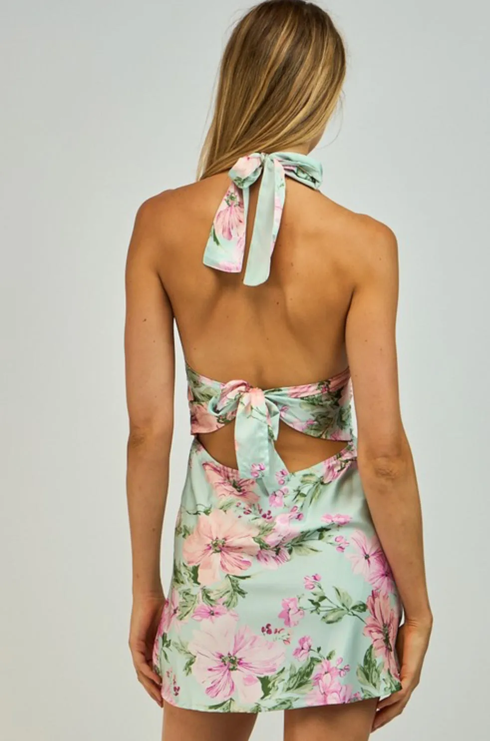 Minty. Floral halter open back waist tie mini dress