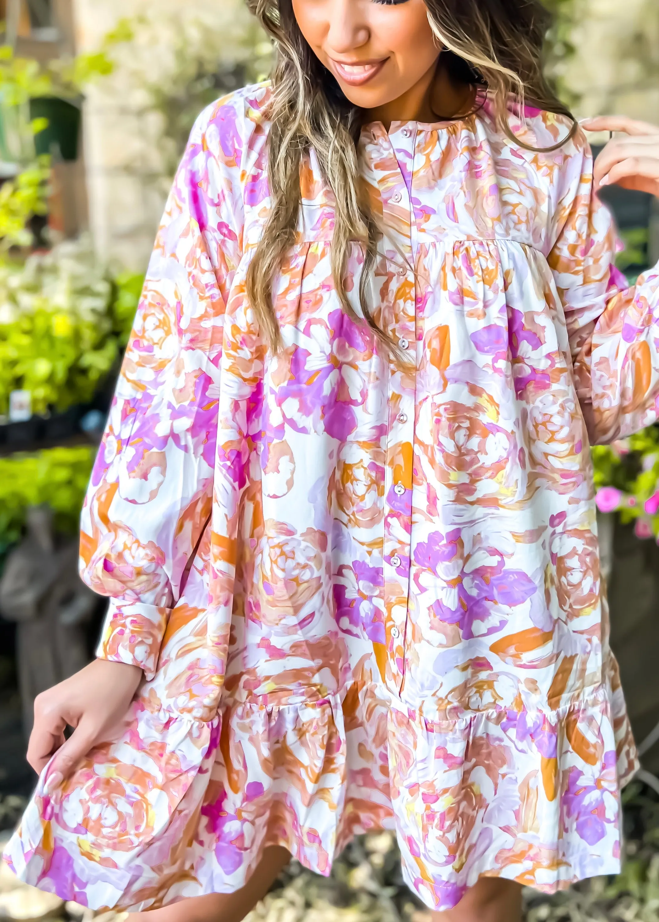 MOODIE Watercolor Flora Tunic Dress l Orange