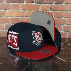 New Jersey Nets Hardwood Classics Jumbotron Nets Ripped Wordmark side patch Grey Bottom Navy/Red Snapback hat | Mitchell and Nes