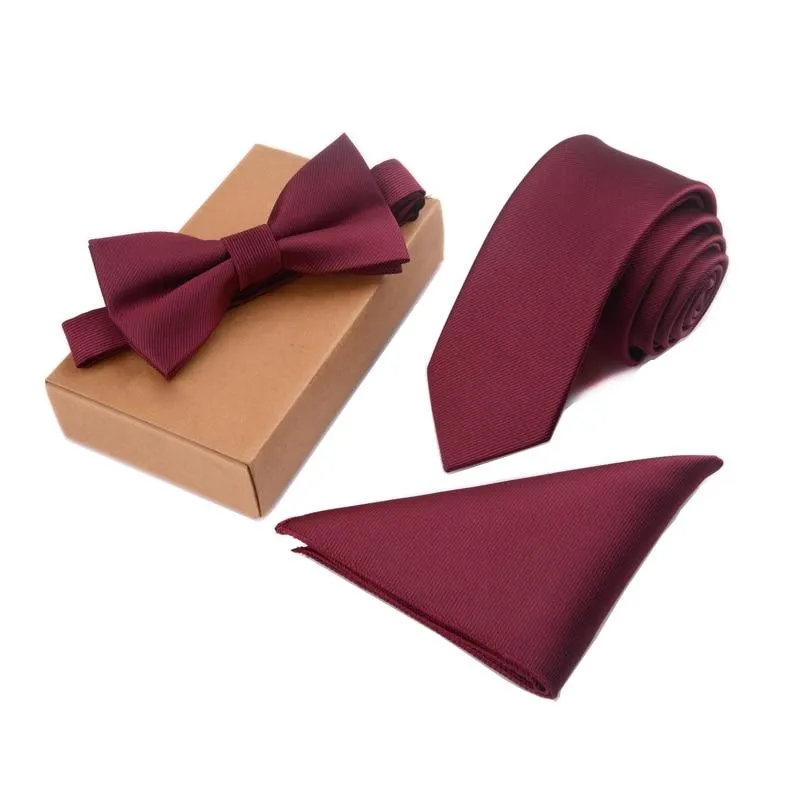 New Men's Slim Polyester Tie Bow and Pocket Square Necktie Set