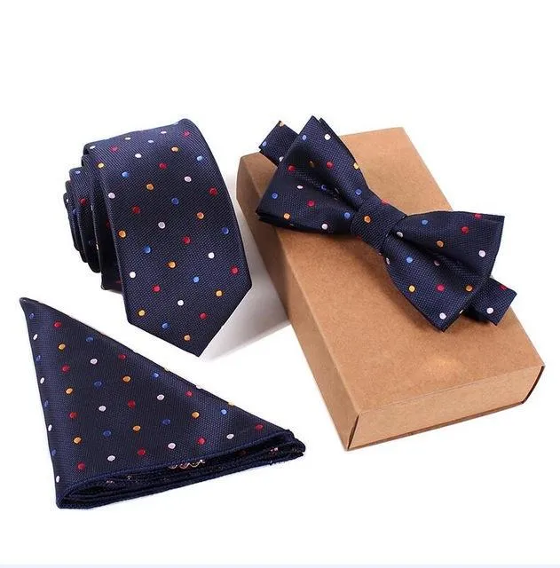 New Men's Slim Polyester Tie Bow and Pocket Square Necktie Set