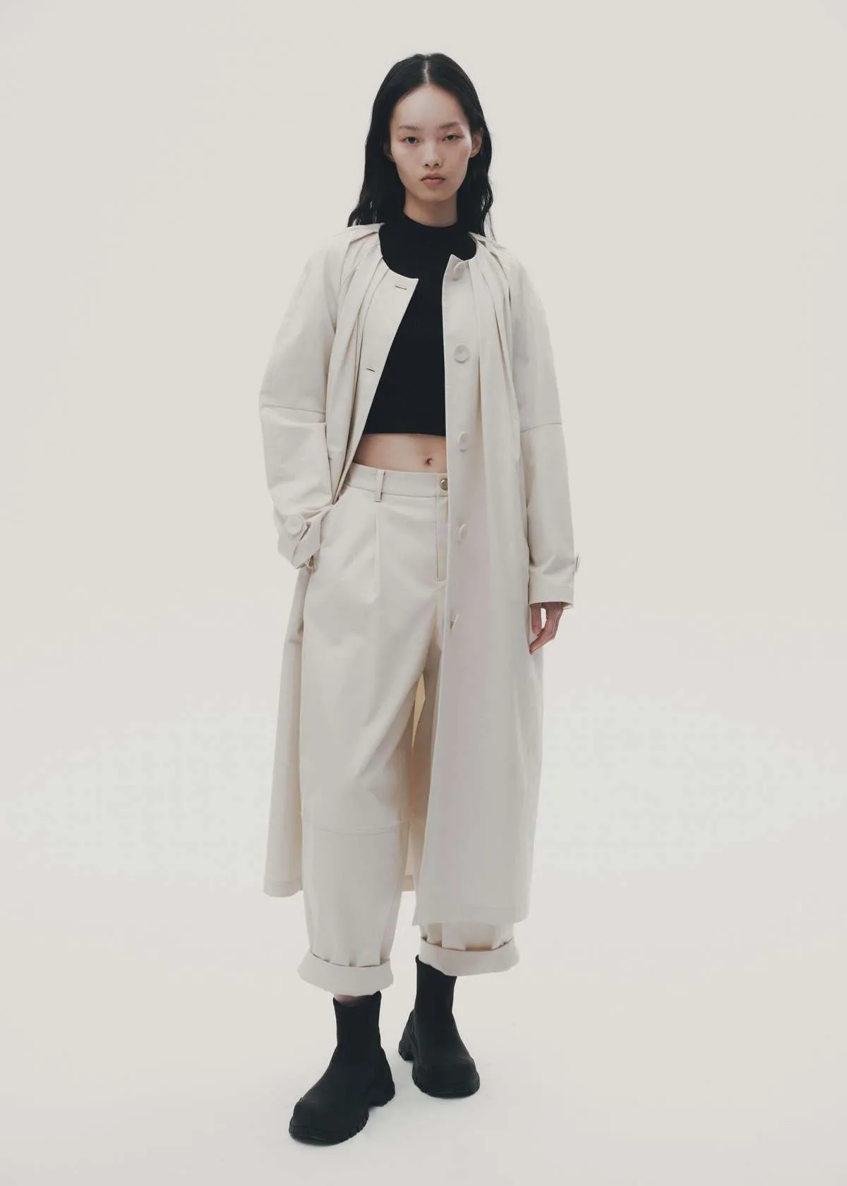 Pleated Collarless Overcoat - Off White