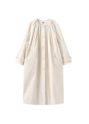 Pleated Collarless Overcoat - Off White