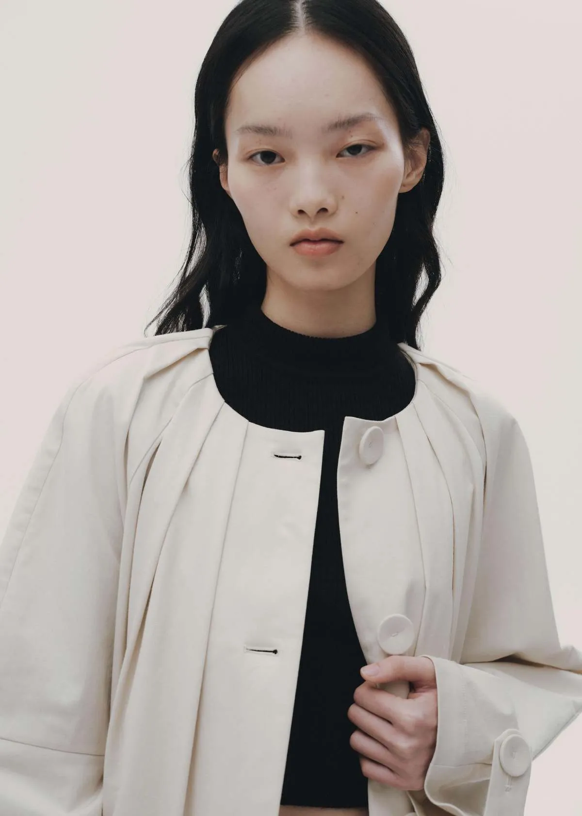 Pleated Collarless Overcoat - Off White