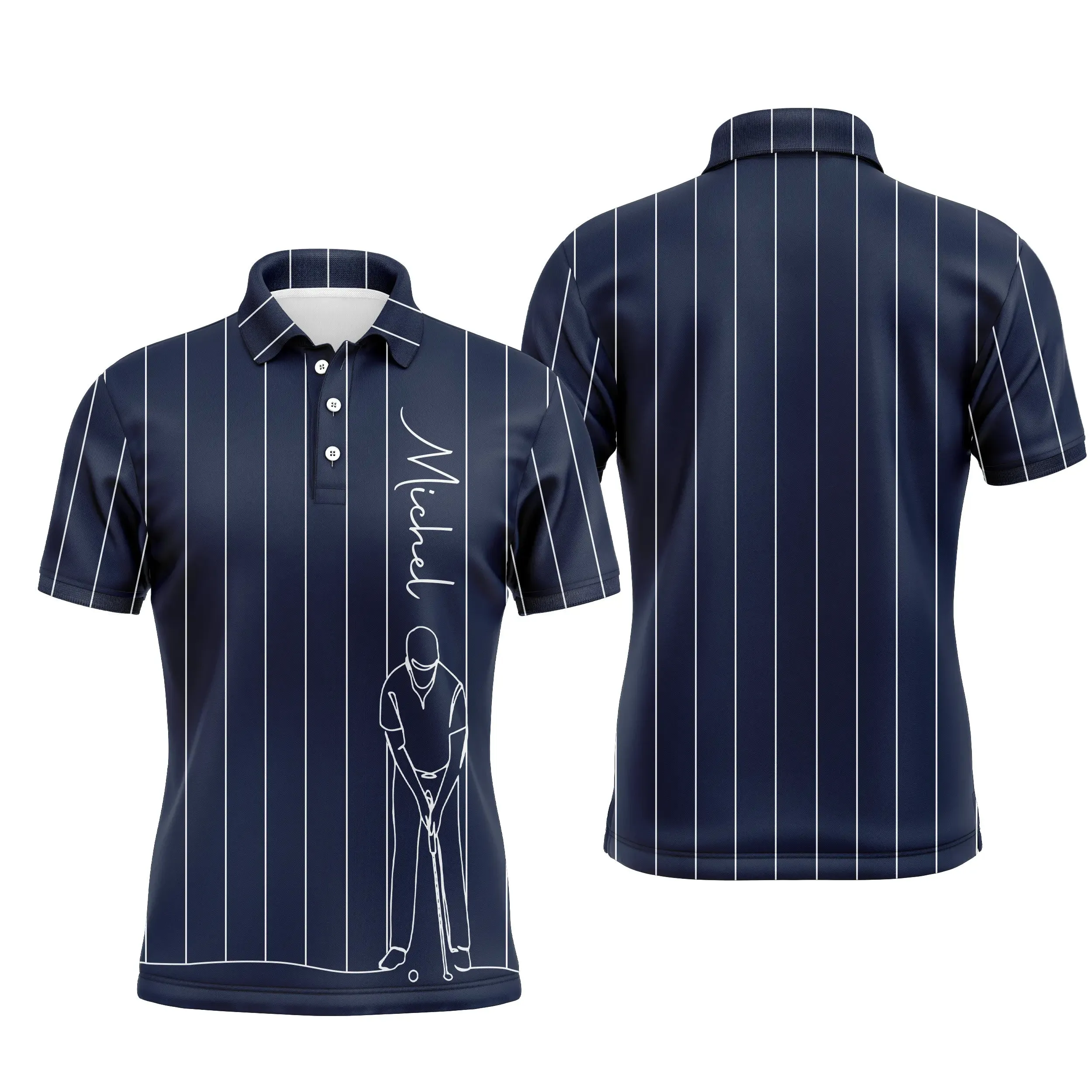 Polo de Golf Personnalisé, Dessin Au Trait Golfeur, Golfeuse, Cadeau Original Pour Fans de Golf, Noir, Blanc, Bleu Marine - CTS1