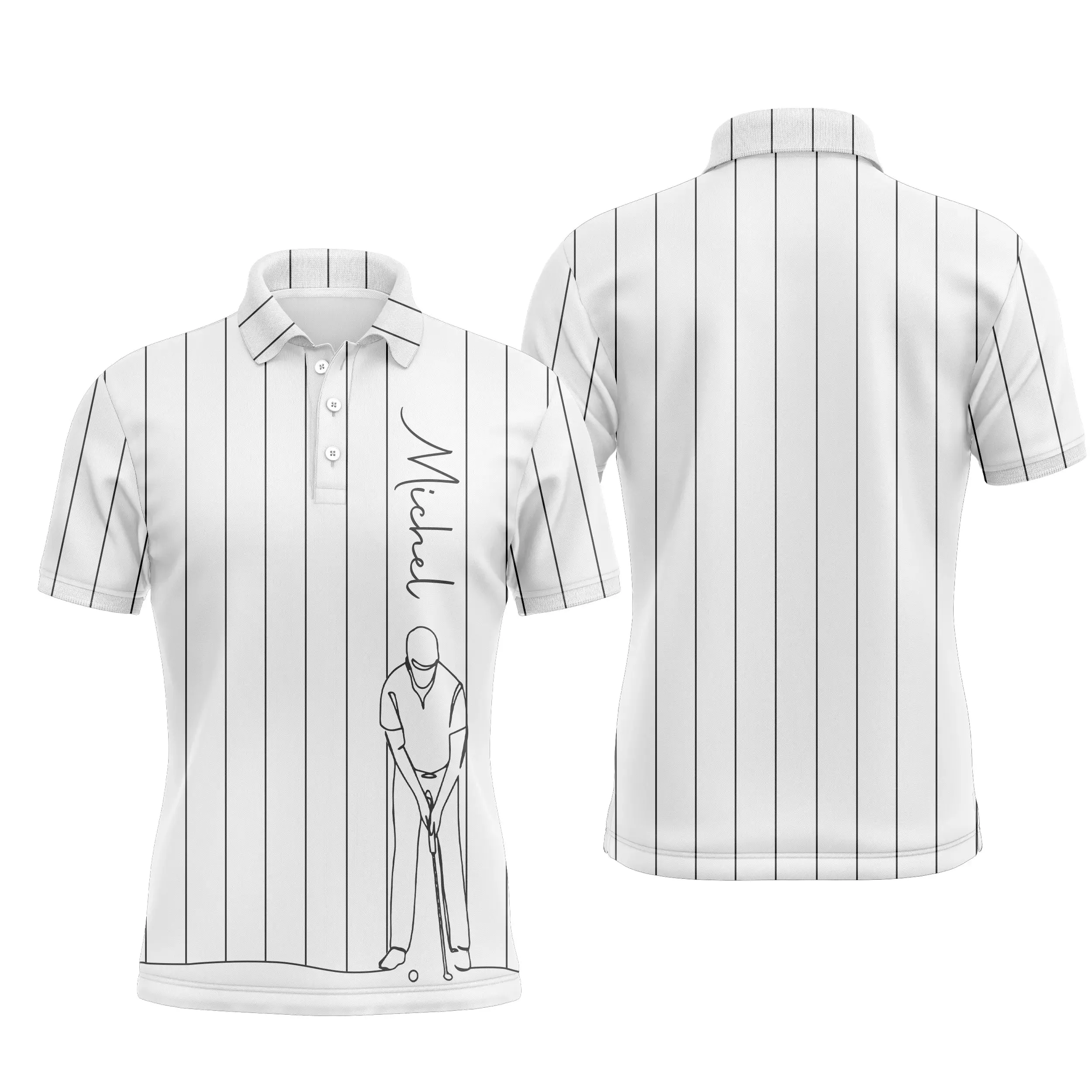 Polo de Golf Personnalisé, Dessin Au Trait Golfeur, Golfeuse, Cadeau Original Pour Fans de Golf, Noir, Blanc, Bleu Marine - CTS1