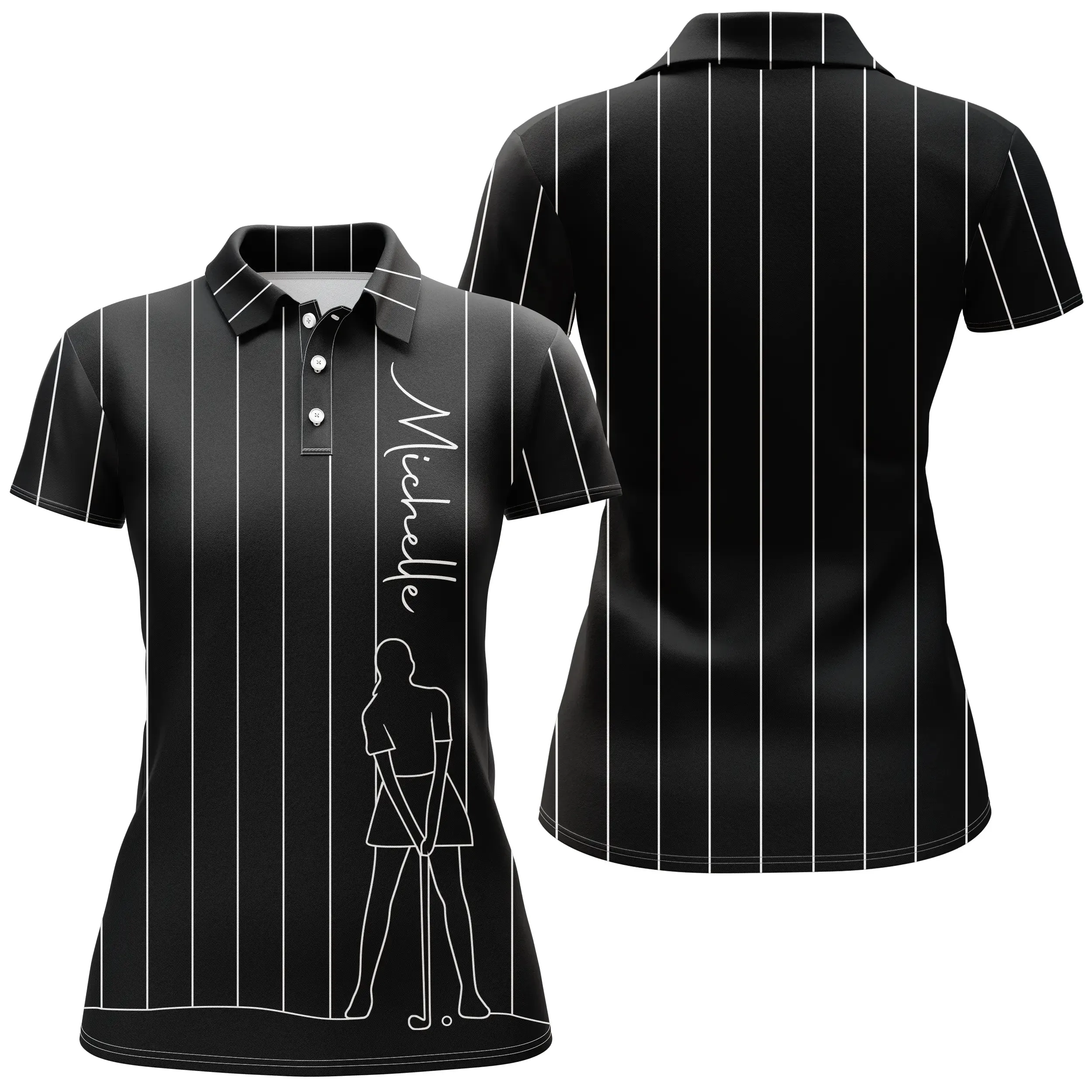 Polo de Golf Personnalisé, Dessin Au Trait Golfeur, Golfeuse, Cadeau Original Pour Fans de Golf, Noir, Blanc, Bleu Marine - CTS1