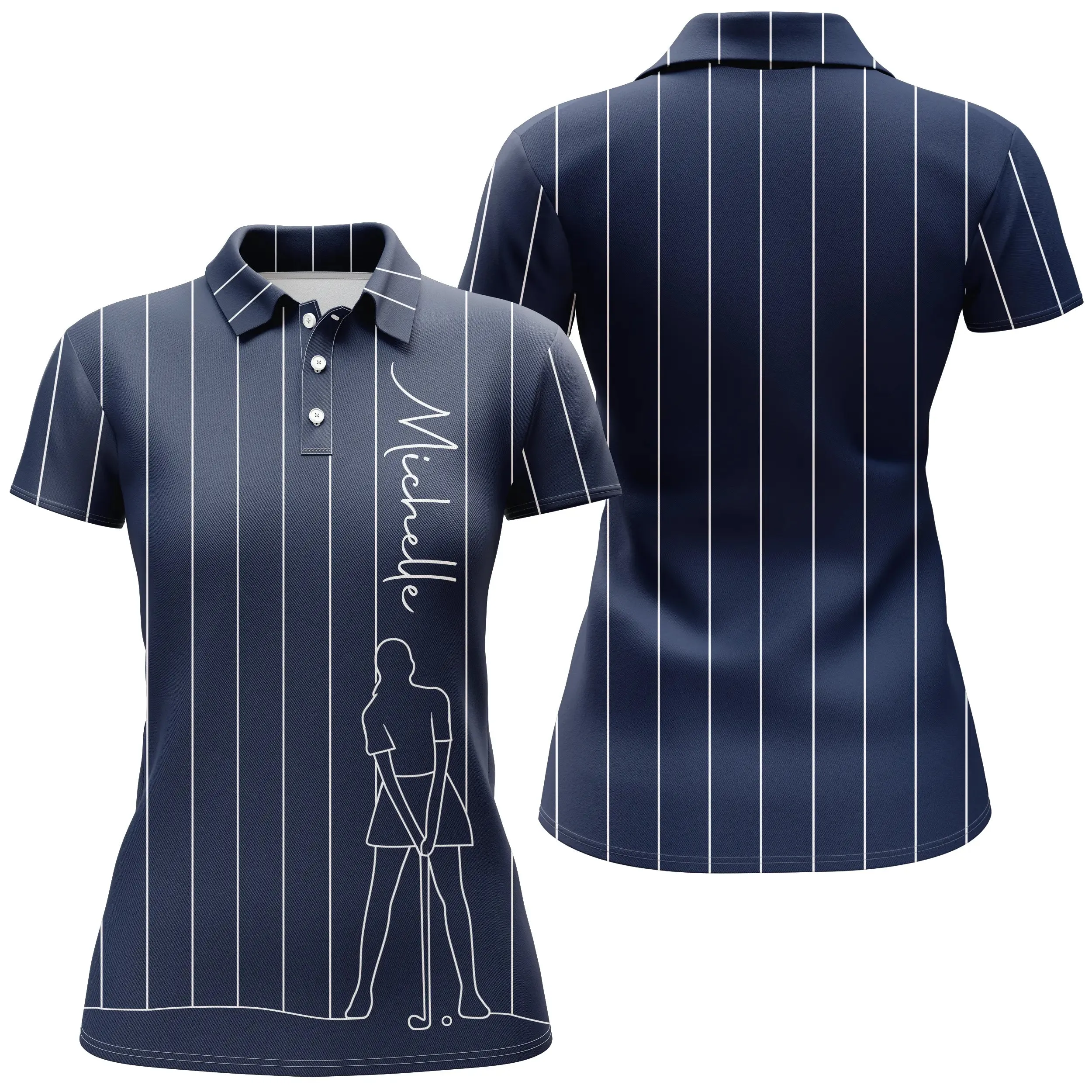 Polo de Golf Personnalisé, Dessin Au Trait Golfeur, Golfeuse, Cadeau Original Pour Fans de Golf, Noir, Blanc, Bleu Marine - CTS1