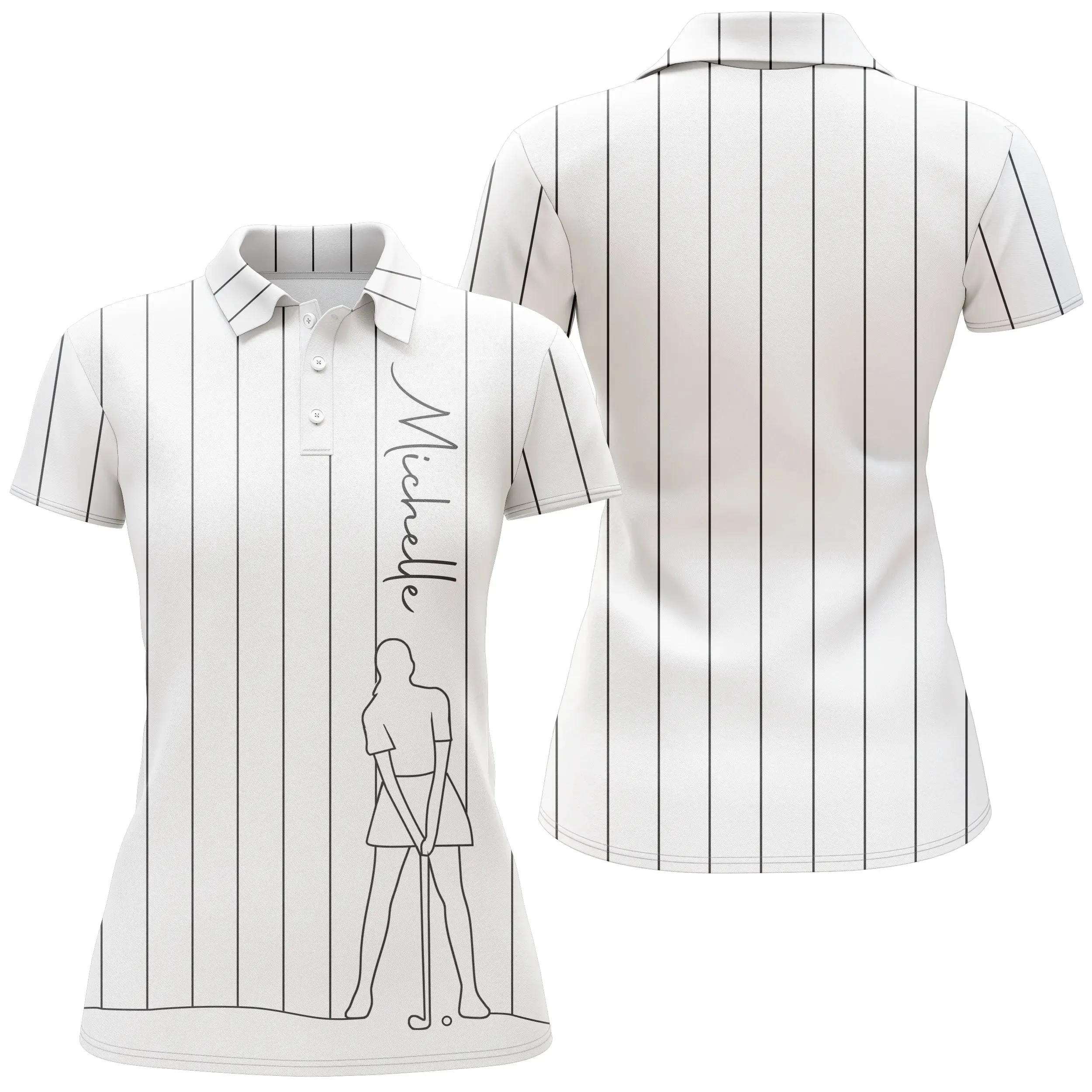 Polo de Golf Personnalisé, Dessin Au Trait Golfeur, Golfeuse, Cadeau Original Pour Fans de Golf, Noir, Blanc, Bleu Marine - CTS1