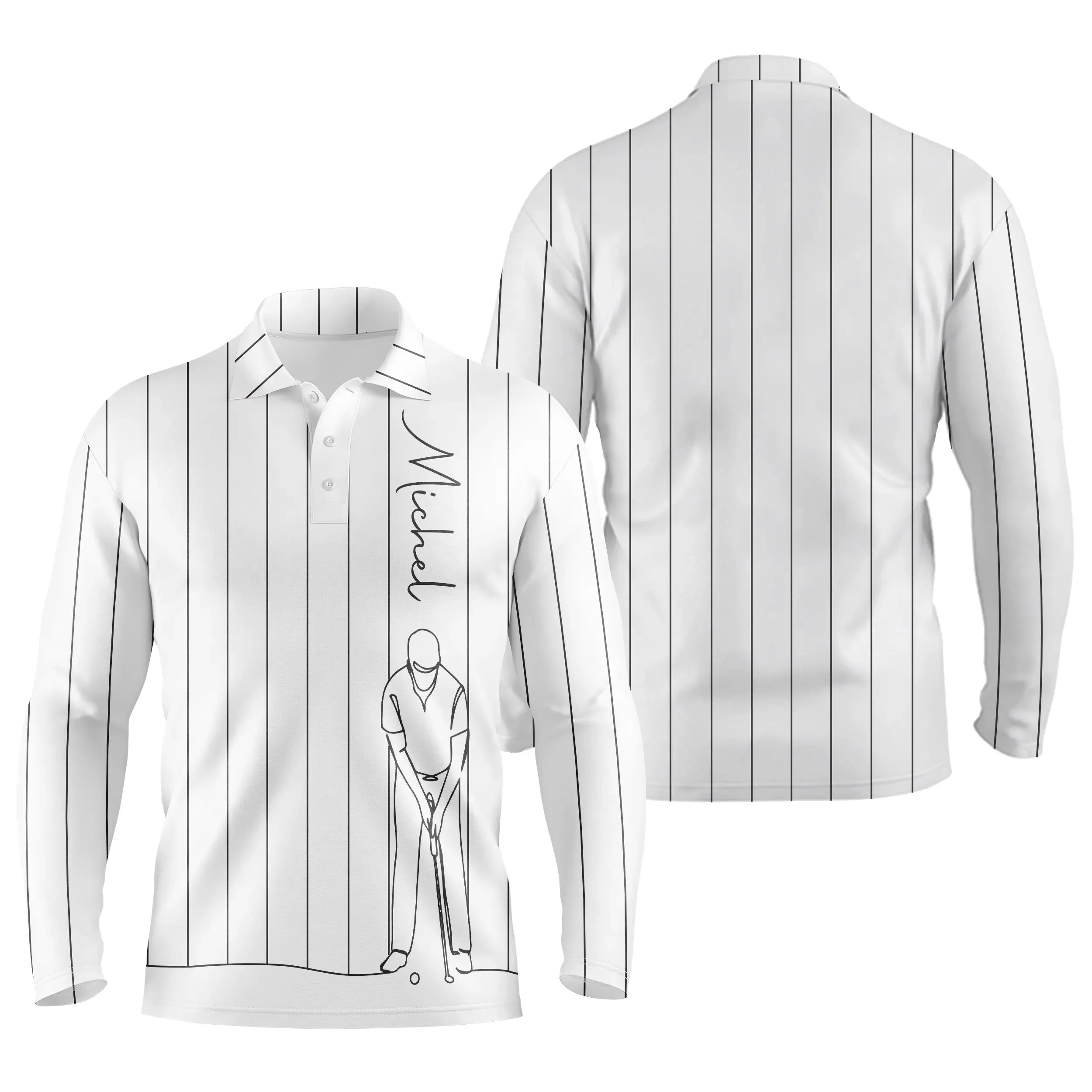 Polo de Golf Personnalisé, Dessin Au Trait Golfeur, Golfeuse, Cadeau Original Pour Fans de Golf, Noir, Blanc, Bleu Marine - CTS1