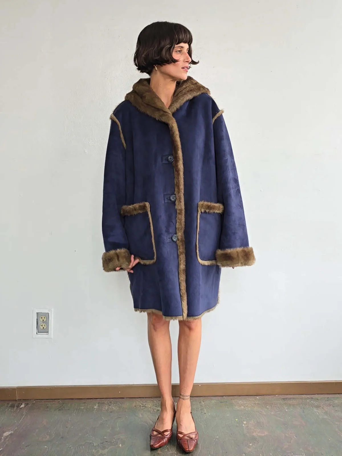 Suede Faux Shearling Overcoat - Blue