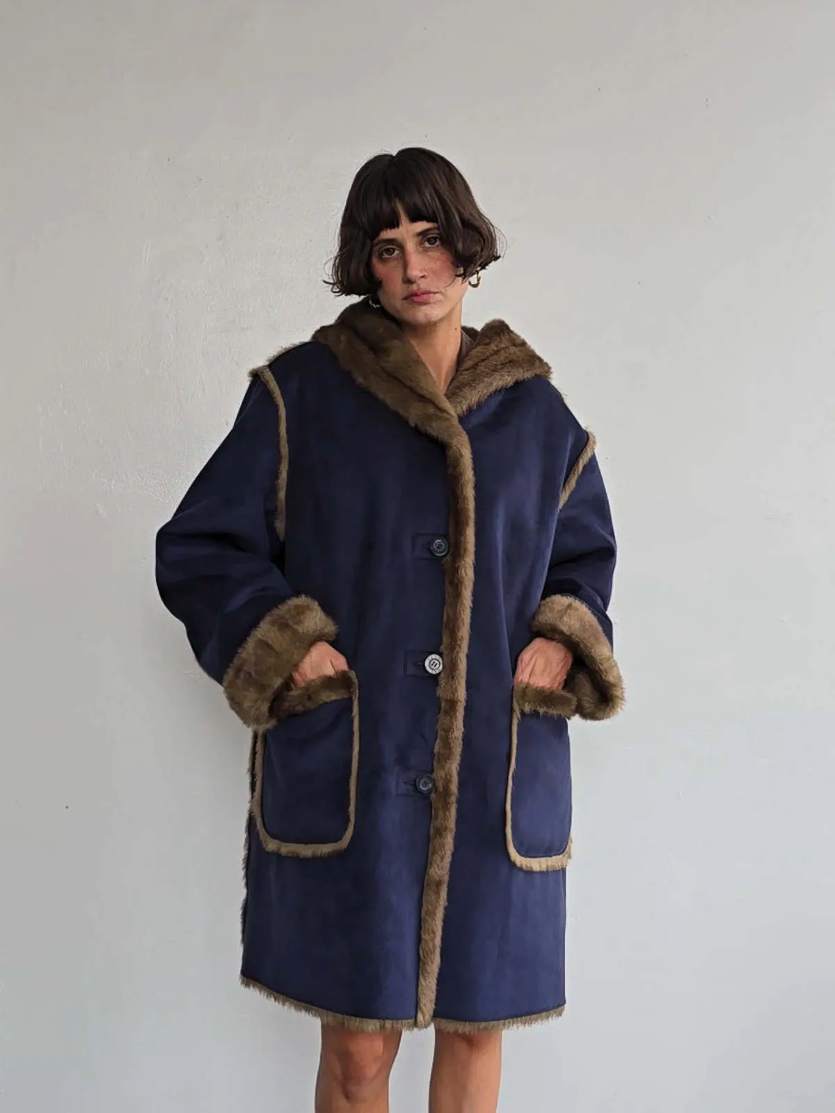 Suede Faux Shearling Overcoat - Blue