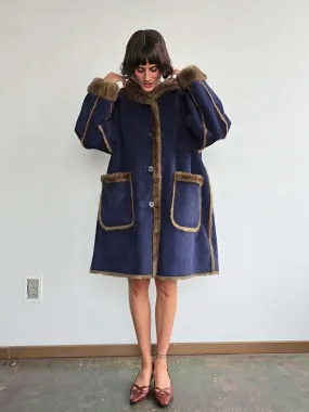 Suede Faux Shearling Overcoat - Blue