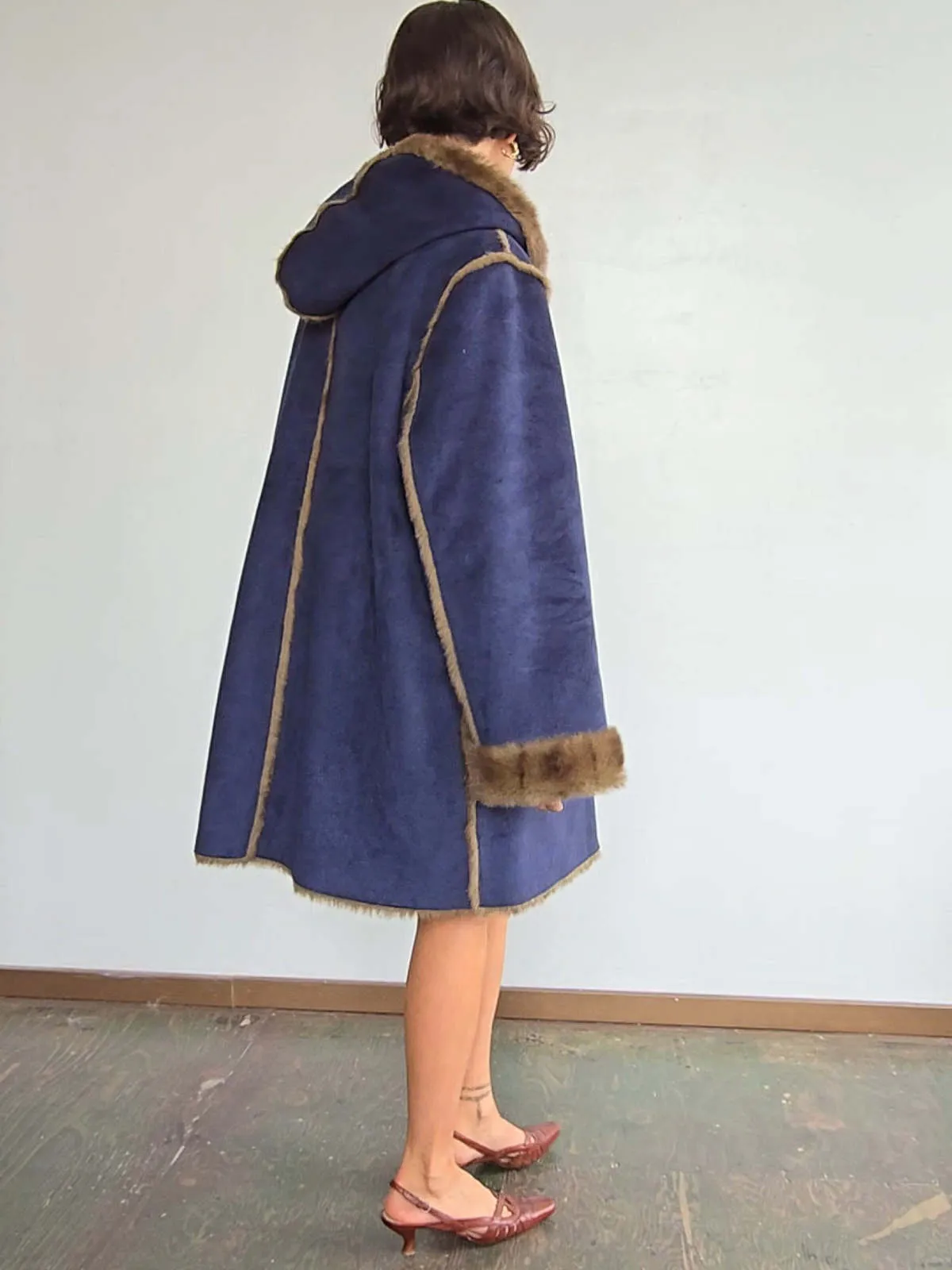 Suede Faux Shearling Overcoat - Blue