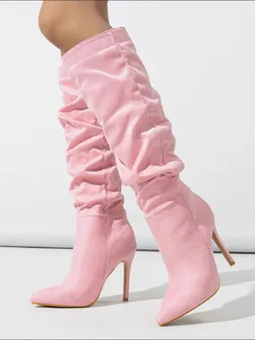 Suede Knee High Boots Pink Pointed Toe Stiletto Heel Boots