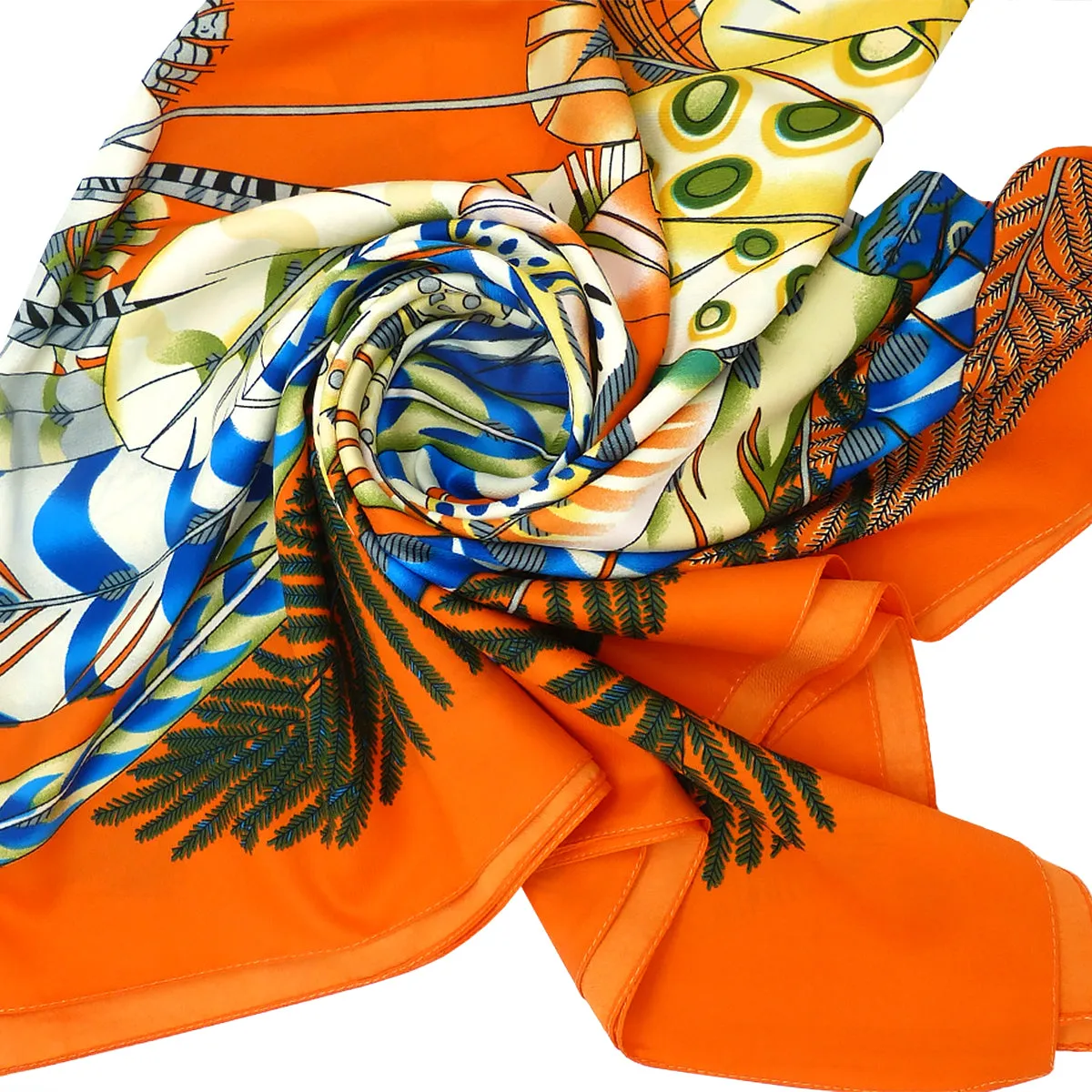 Twill Silk Scarf Women LARGE Feather Shawls Square Bandana Kerchief Foulards 51 Luxury Brand Look Orange