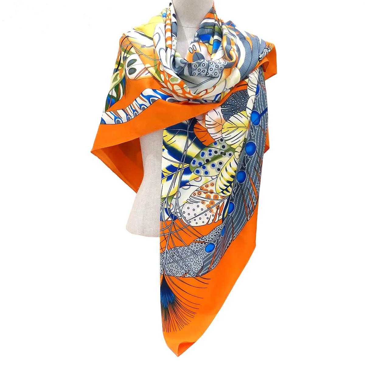 Twill Silk Scarf Women LARGE Feather Shawls Square Bandana Kerchief Foulards 51 Luxury Brand Look Orange