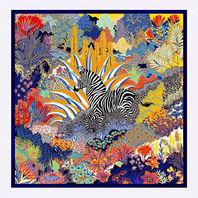 Twill Silk Scarf Women LARGE Zebra Shawls Square Bandana Kerchief Foulards 130CM Luxury Brand Look Navy