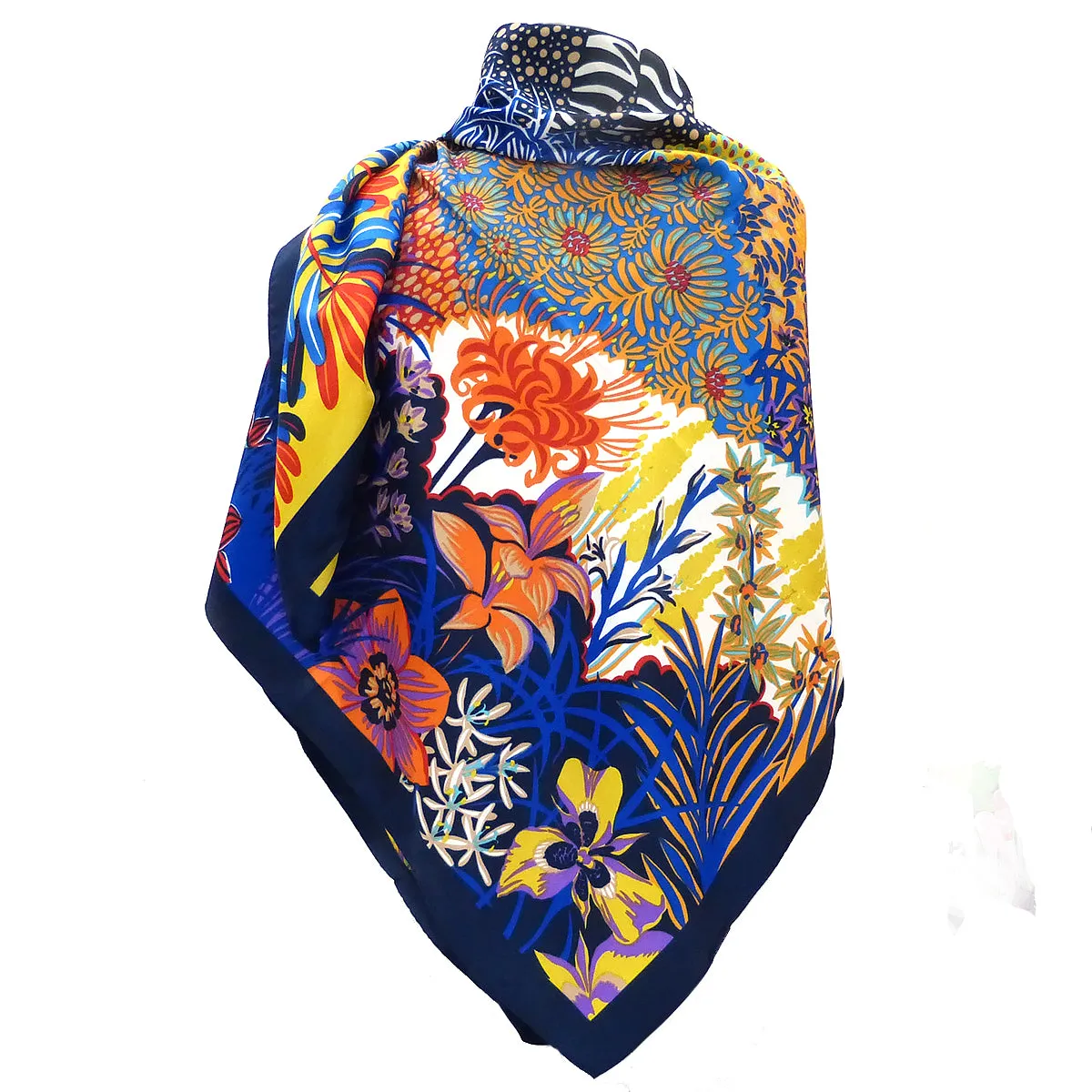 Twill Silk Scarf Women LARGE Zebra Shawls Square Bandana Kerchief Foulards 130CM Luxury Brand Look Navy