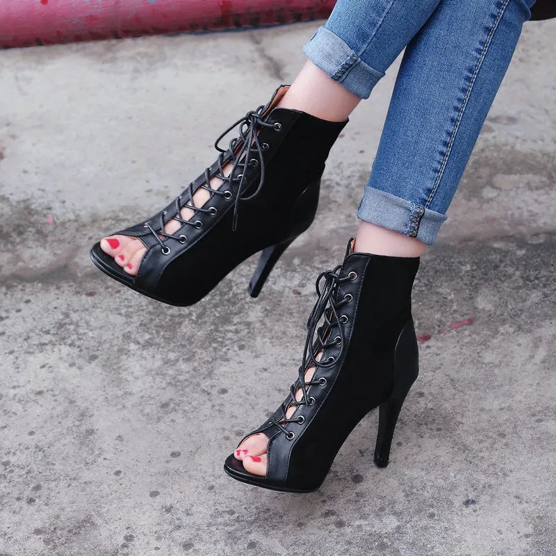 Women's Black Color Flannel Cross-tied Peep Toe Lace-up Gladiator Boots