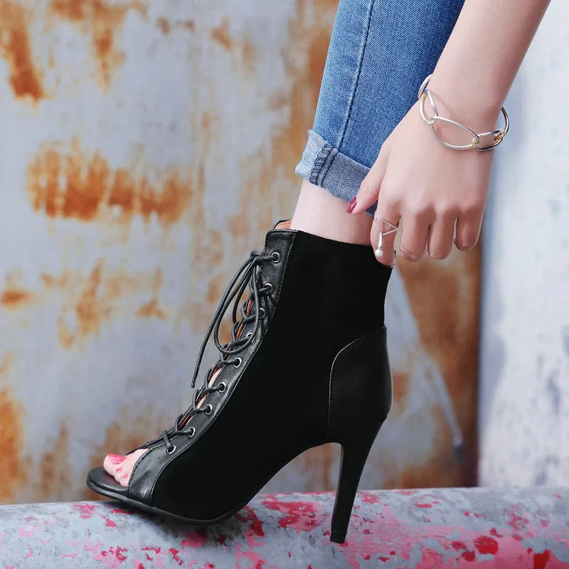 Women's Cross-tied Peep Toe Lace-up Dance High Heel Gladiator Boots