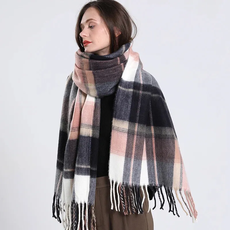 Women's Fashion Style Winter Plaid Pattern Thick Warm Long Shawl