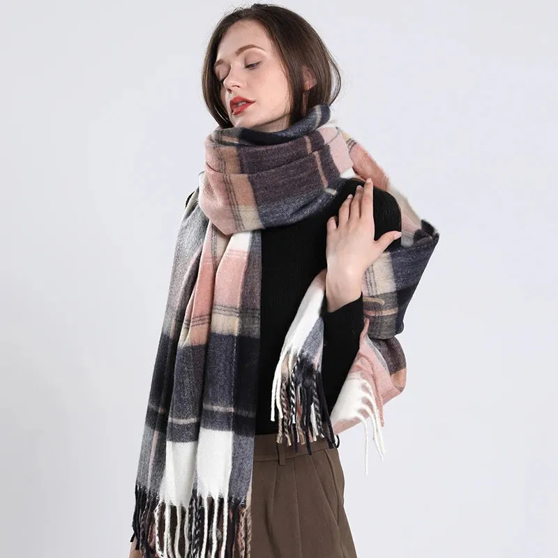 Women's Fashion Style Winter Plaid Pattern Thick Warm Long Shawl