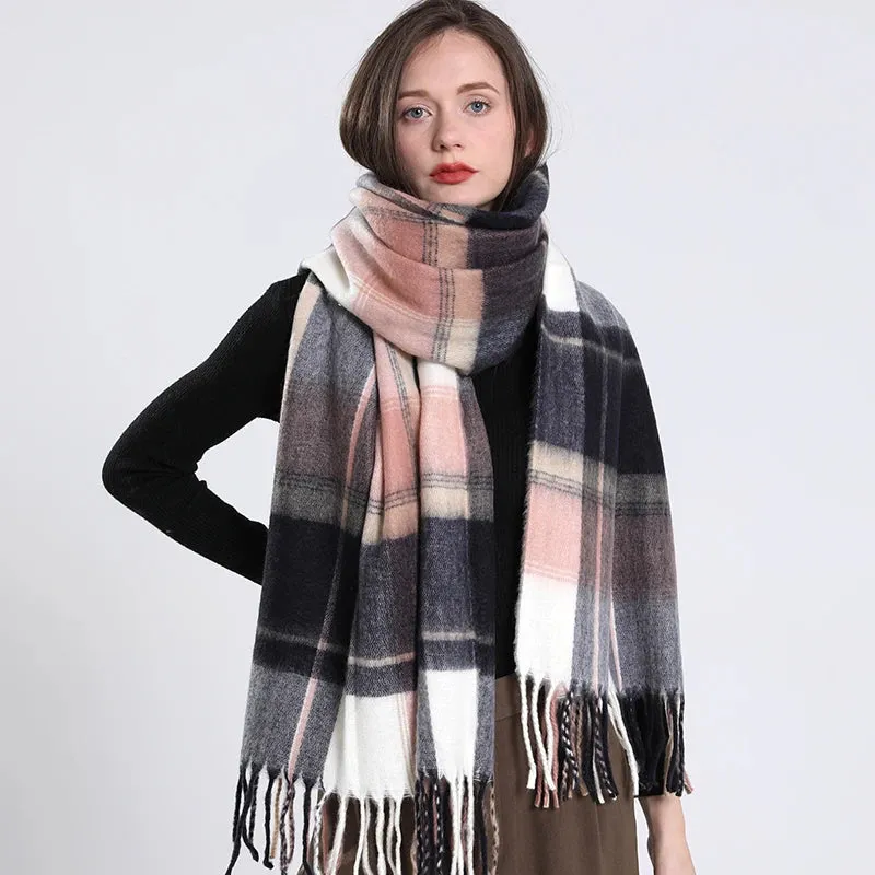 Women's Fashion Style Winter Plaid Pattern Thick Warm Long Shawl