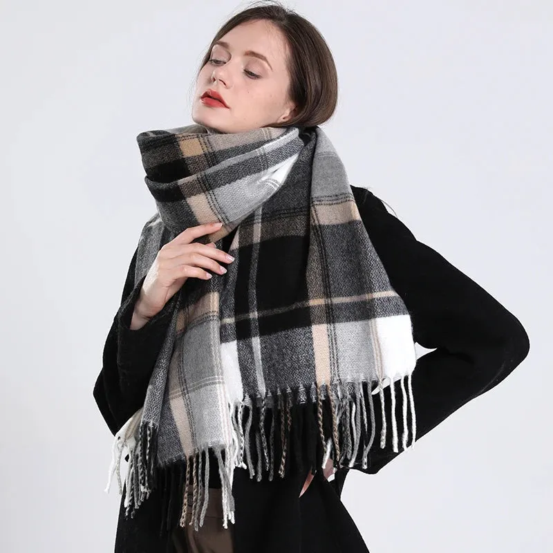 Women's Fashion Style Winter Plaid Pattern Thick Warm Long Shawl