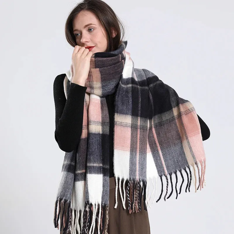 Women's Fashion Style Winter Plaid Pattern Thick Warm Long Shawl