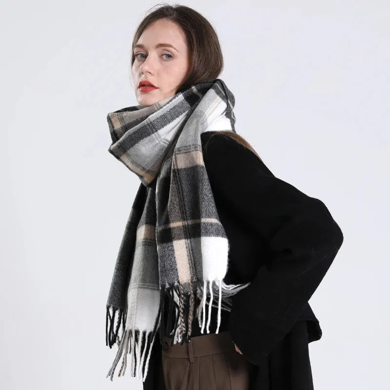 Women's Fashion Style Winter Plaid Pattern Thick Warm Long Shawl