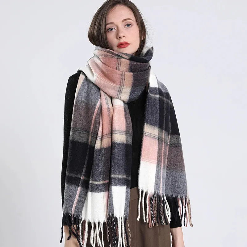 Women's Fashion Style Winter Plaid Pattern Thick Warm Long Shawl