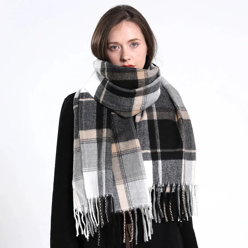 Women's Fashion Style Winter Plaid Pattern Thick Warm Long Shawl