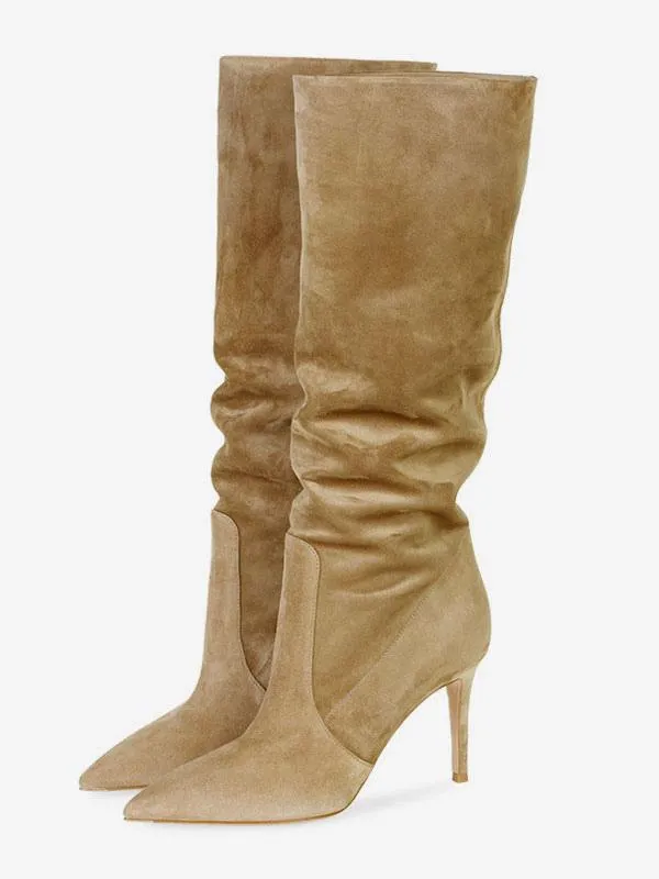 Women's Slouch Boots Suede Pointed Toe High Heel Knee High Boots